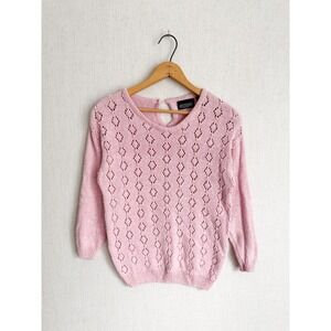 Gotham Sweater Vintage Silk Cotton Pearl Pointelle Knit Small Pink Keyhole Back